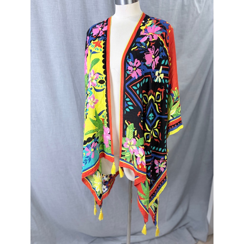 Nine West Tropical Kimono Wrap One Size Tropical Multicolor Rayon Tassel Coverup